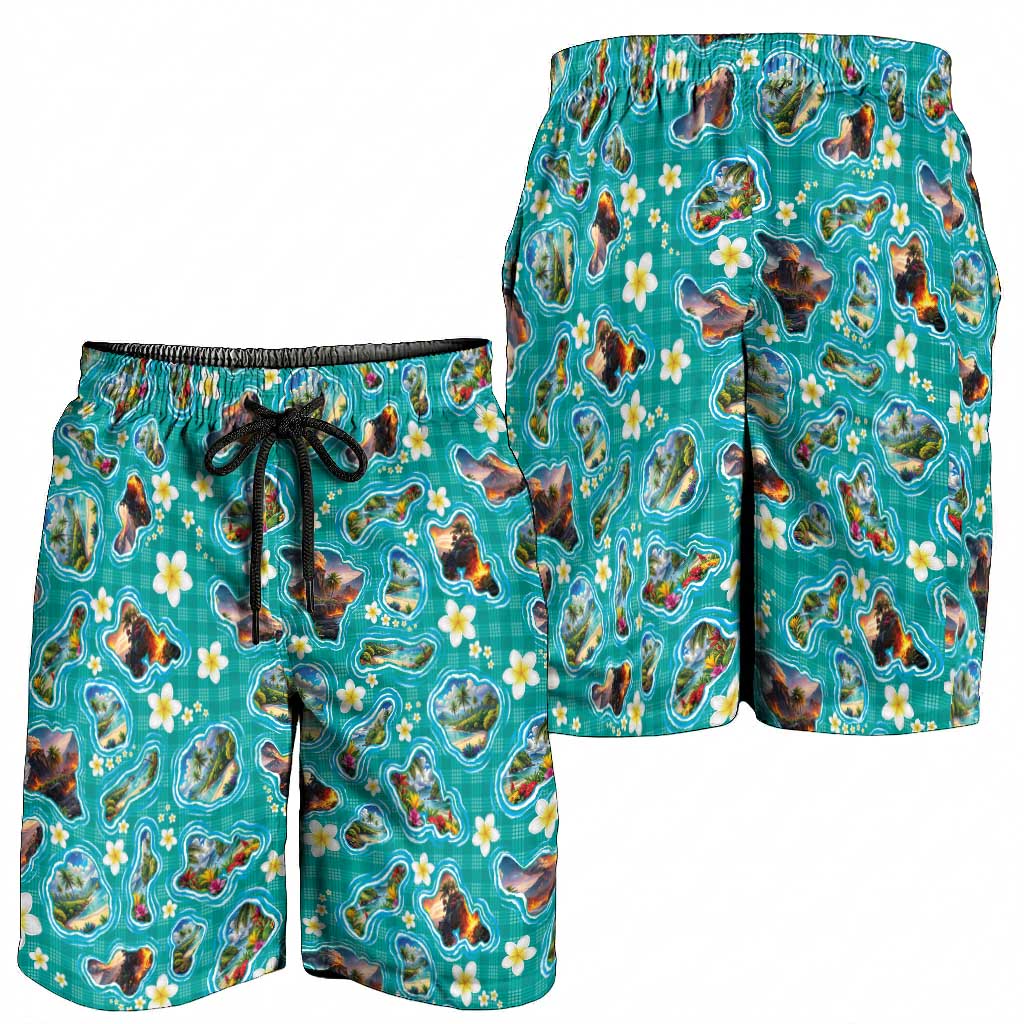 Hawaii Map with Plumeria Flower and Palaka Pattern Shorts for Men Tropical Island Teal Design