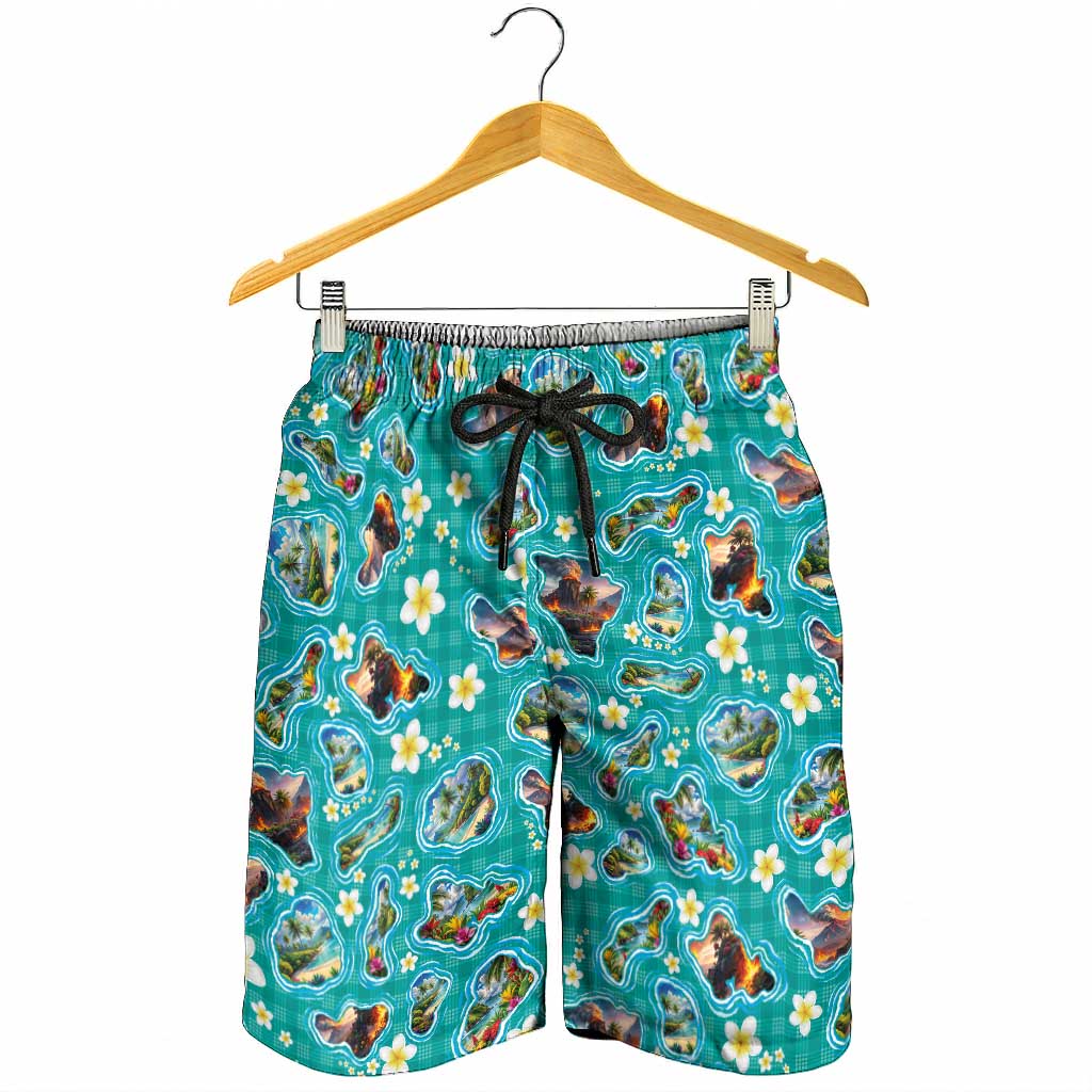 Hawaii Map with Plumeria Flower and Palaka Pattern Shorts for Men Tropical Island Teal Design