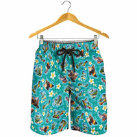 Hawaii Map with Plumeria Flower and Palaka Pattern Shorts for Men Tropical Island Teal Design