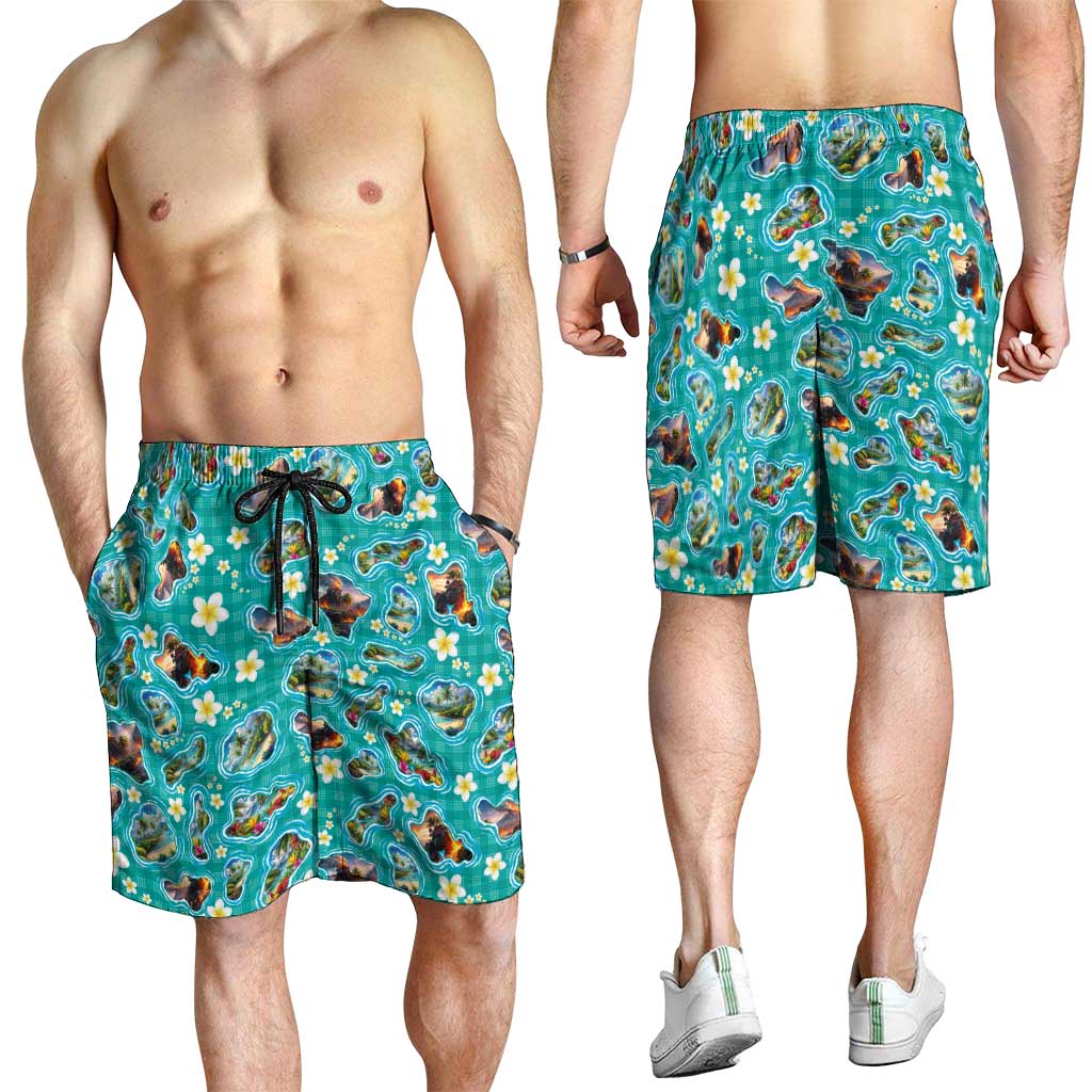 Hawaii Map with Plumeria Flower and Palaka Pattern Shorts for Men Tropical Island Teal Design
