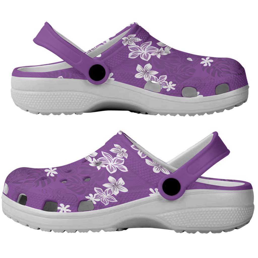 Hawaii Monstera Deliciosa Clogs Shoes Purple Plumeria Polynesian Pattern - Polynesian Pride
