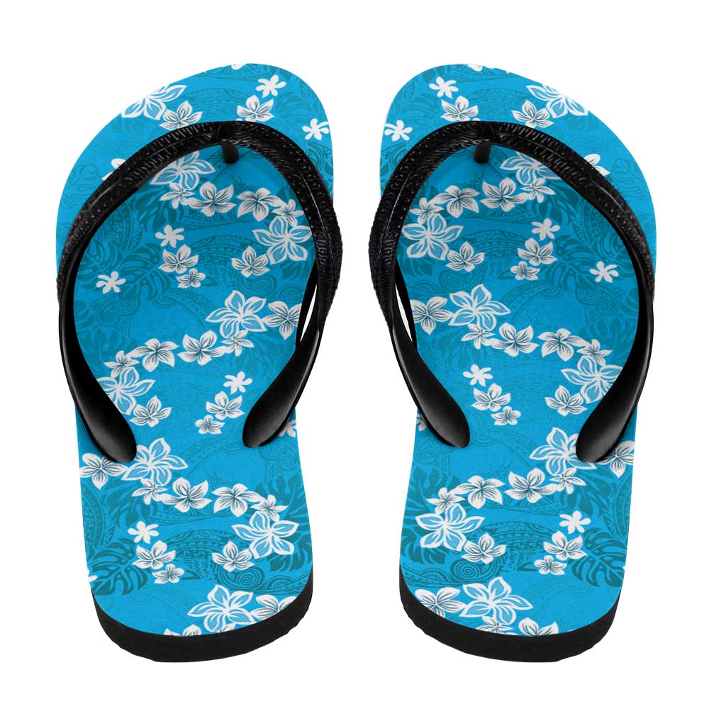 Hawaii Monstera Deliciosa Flip Flops Blue Plumeria Polynesian Pattern - Polynesian Pride