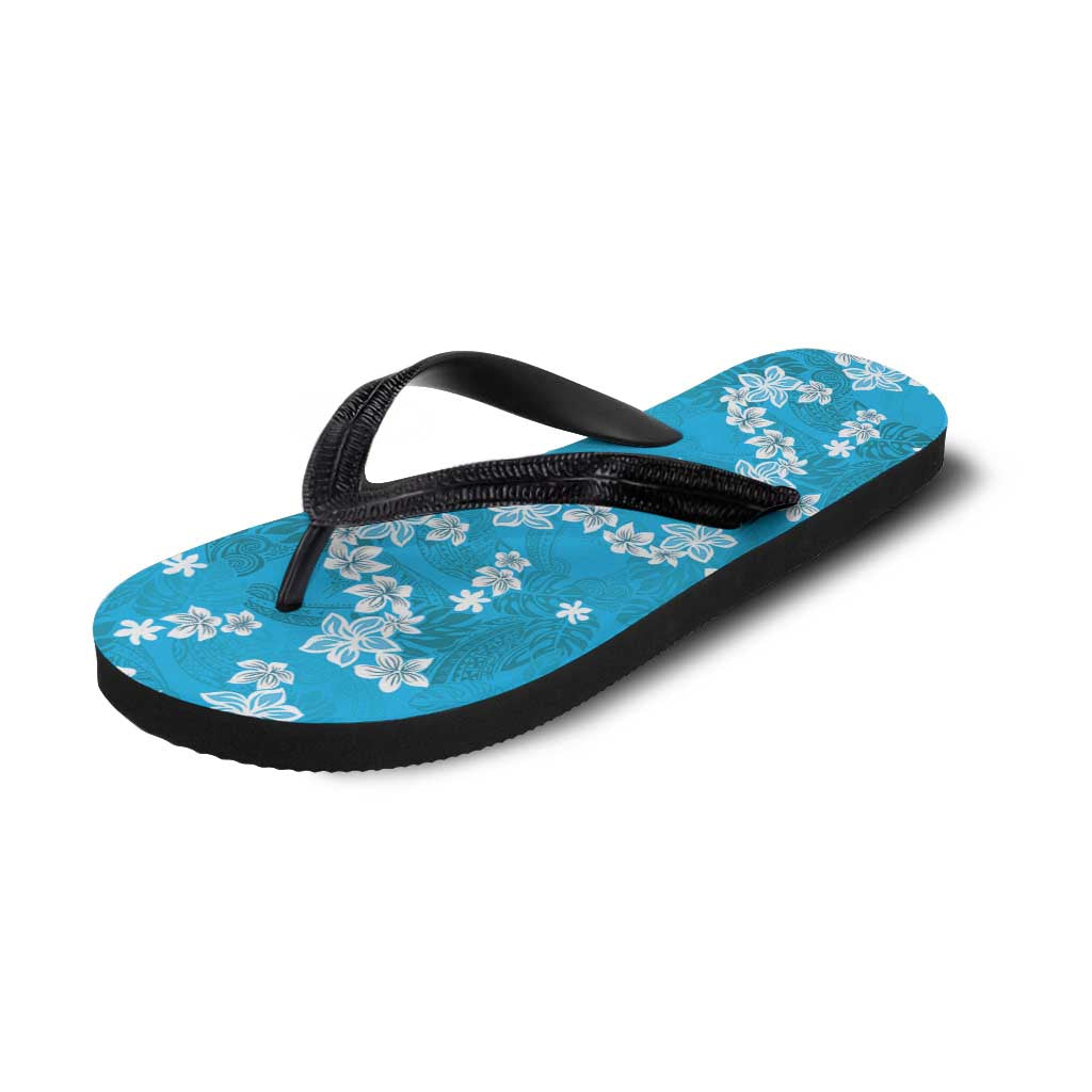 Hawaii Monstera Deliciosa Flip Flops Blue Plumeria Polynesian Pattern - Polynesian Pride