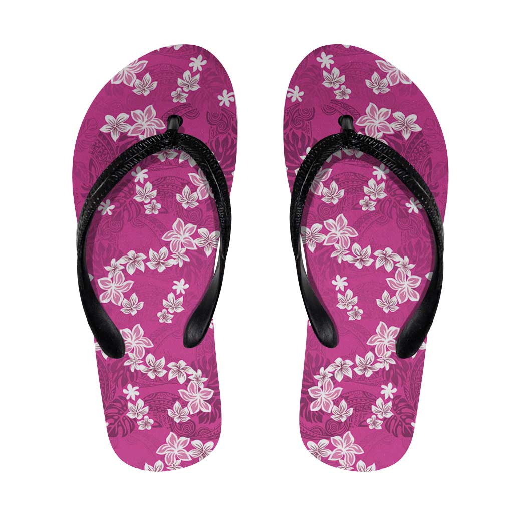 Hawaii Monstera Deliciosa Flip Flops Pink Plumeria Polynesian Pattern - Polynesian Pride