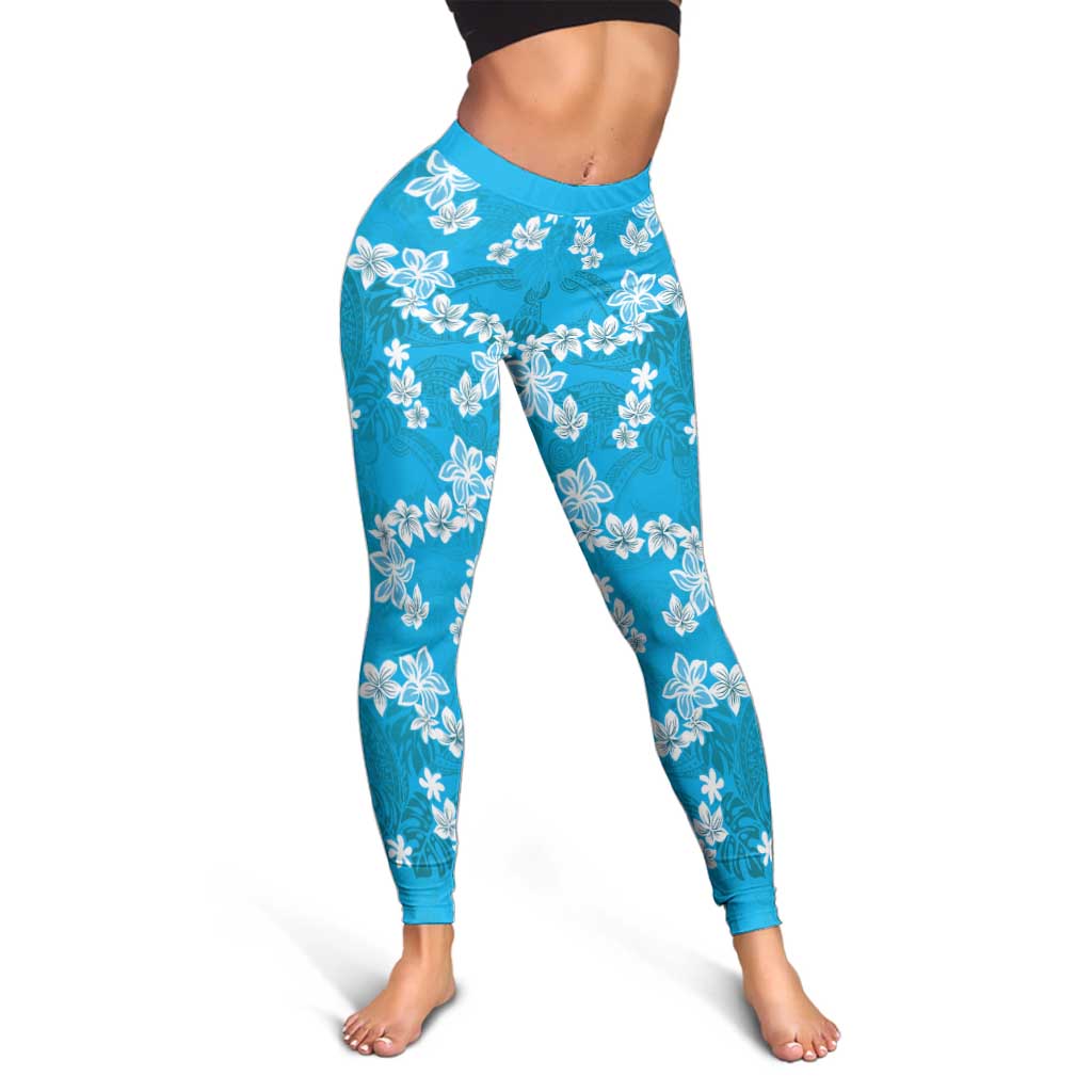 Hawaii Monstera Deliciosa Leggings Blue Plumeria Polynesian Pattern - Polynesian Pride