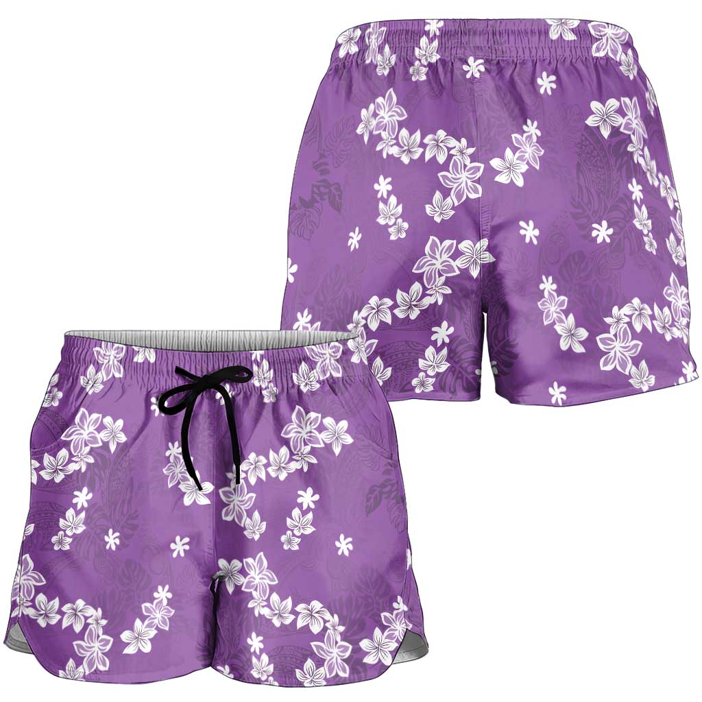 Hawaii Monstera Deliciosa Shorts for Women Purple Plumeria Polynesian Pattern - Polynesian Pride