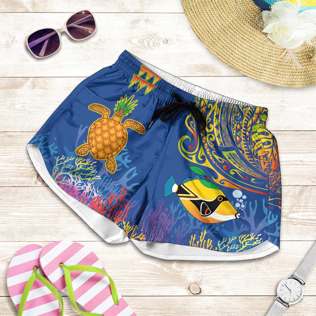 Hawaii Ocean Shorts for Women Pineapple Turtle and Mango Reef Triggerfish and Kakau Tattoo LT03 Multicolor - Polynesian Pride