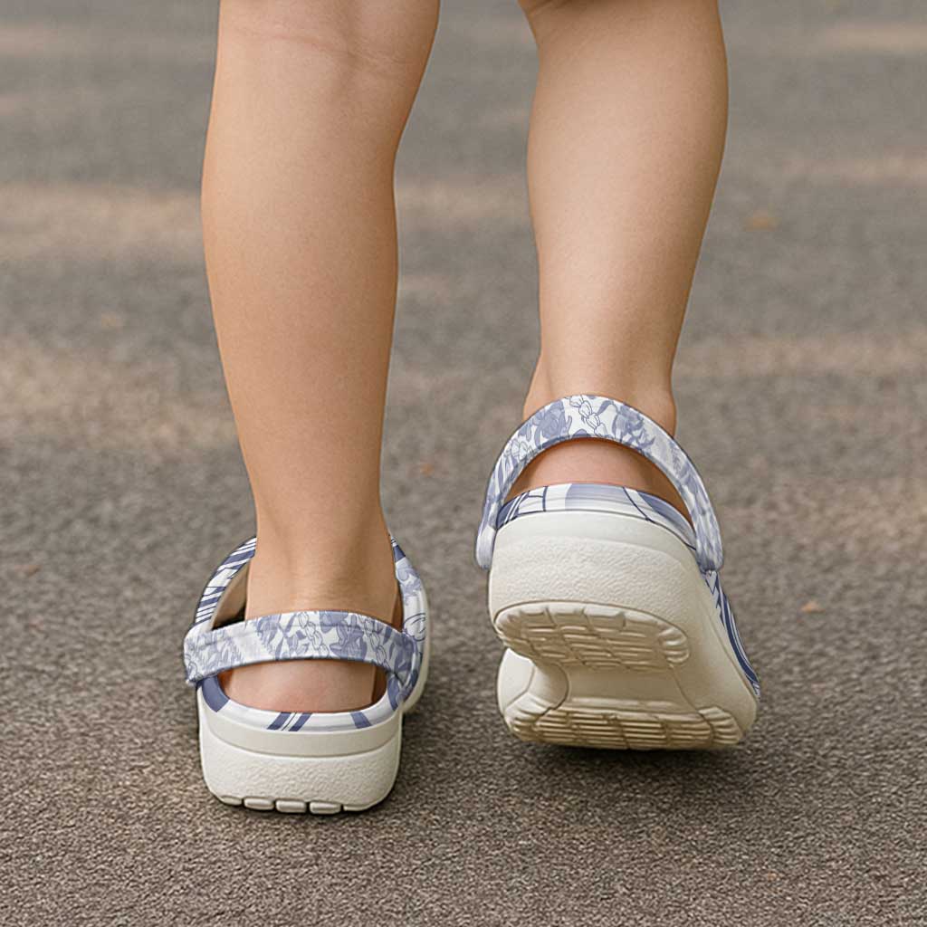 Hawaii Plumeria Lokelani Pikake Lei Clogs Shoes Navy Blue Polynesian Tattoo