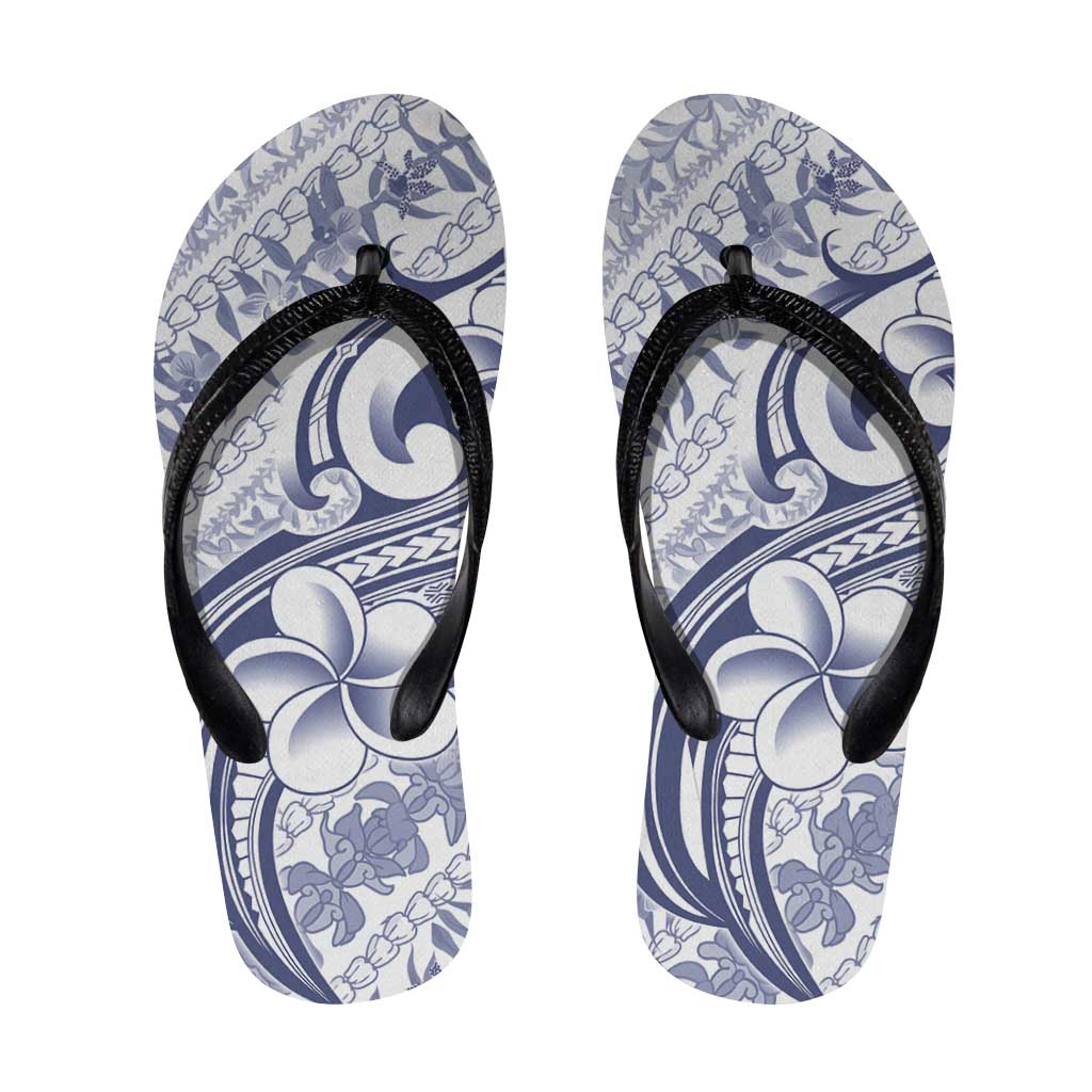 Hawaii Plumeria Lokelani Pikake Lei Flip Flops Navy Blue Polynesian Tattoo