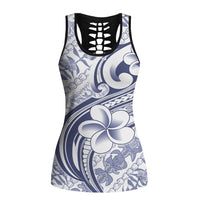 Hawaii Plumeria Lokelani Pikake Lei Hollow Tank Top Navy Blue Polynesian Tattoo