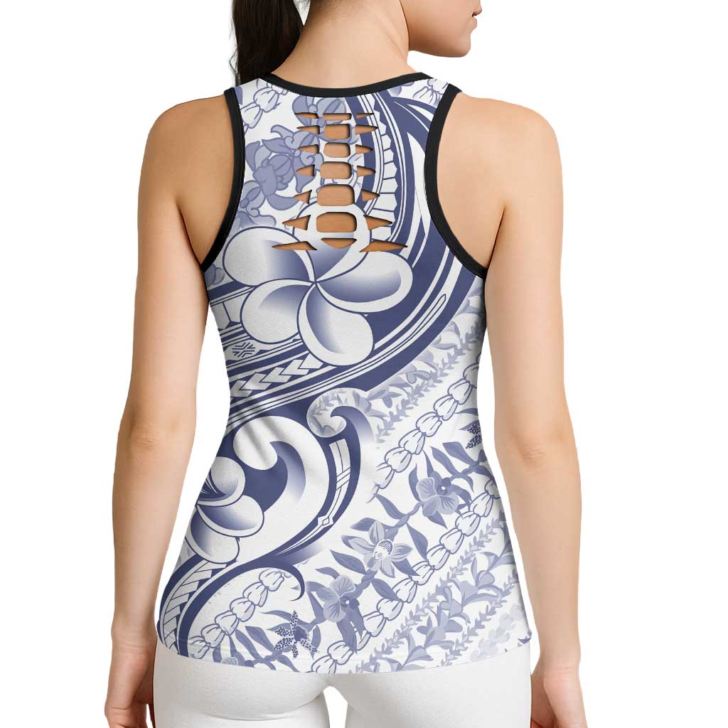 Hawaii Plumeria Lokelani Pikake Lei Hollow Tank Top Navy Blue Polynesian Tattoo
