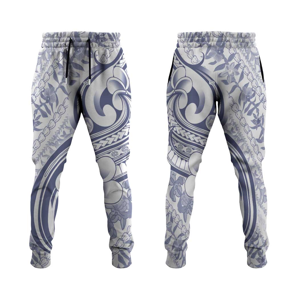 Hawaii Plumeria Lokelani Pikake Lei Jogger Pants Navy Blue Polynesian Tattoo