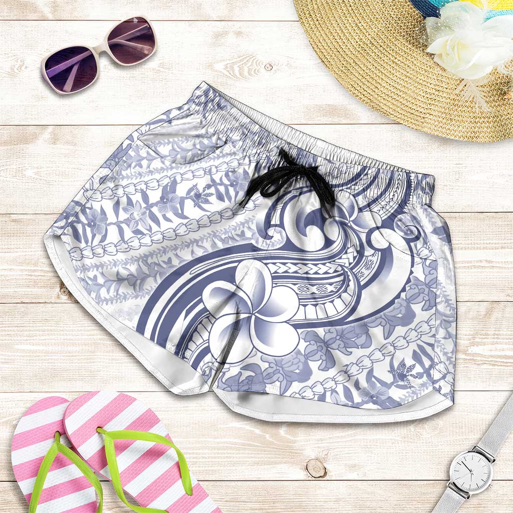 Hawaii Plumeria Lokelani Pikake Lei Shorts for Women Navy Blue Polynesian Tattoo