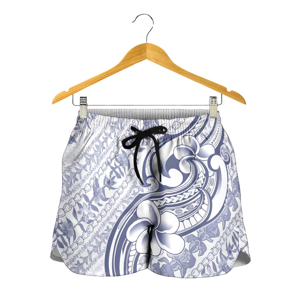 Hawaii Plumeria Lokelani Pikake Lei Shorts for Women Navy Blue Polynesian Tattoo