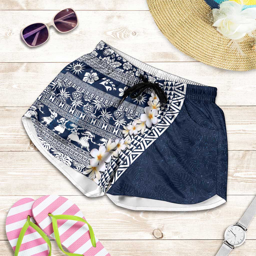 Hawaii Plumeria Tribal Vintage Shorts for Women Special Blue