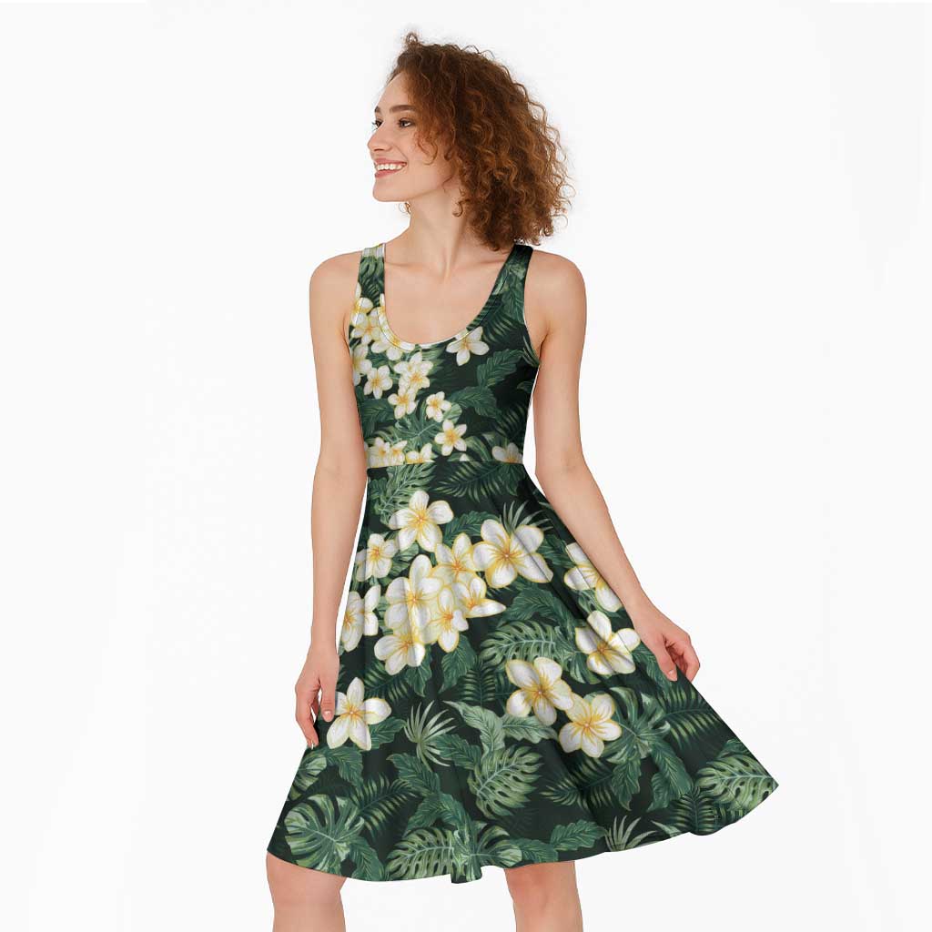 Hawaii Plumeria Tropical Leaves Midi Dress Monstera Calathea Palm Fronds