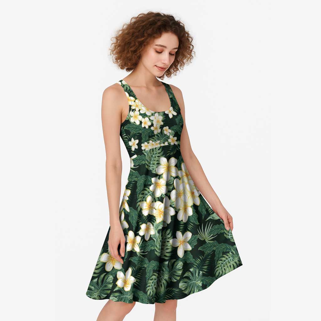 Hawaii Plumeria Tropical Leaves Midi Dress Monstera Calathea Palm Fronds