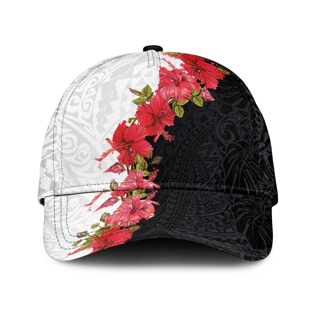 Hawaii Red Hibiscus Flowers Classic Cap Polynesian Pattern Half Black White Version LT03