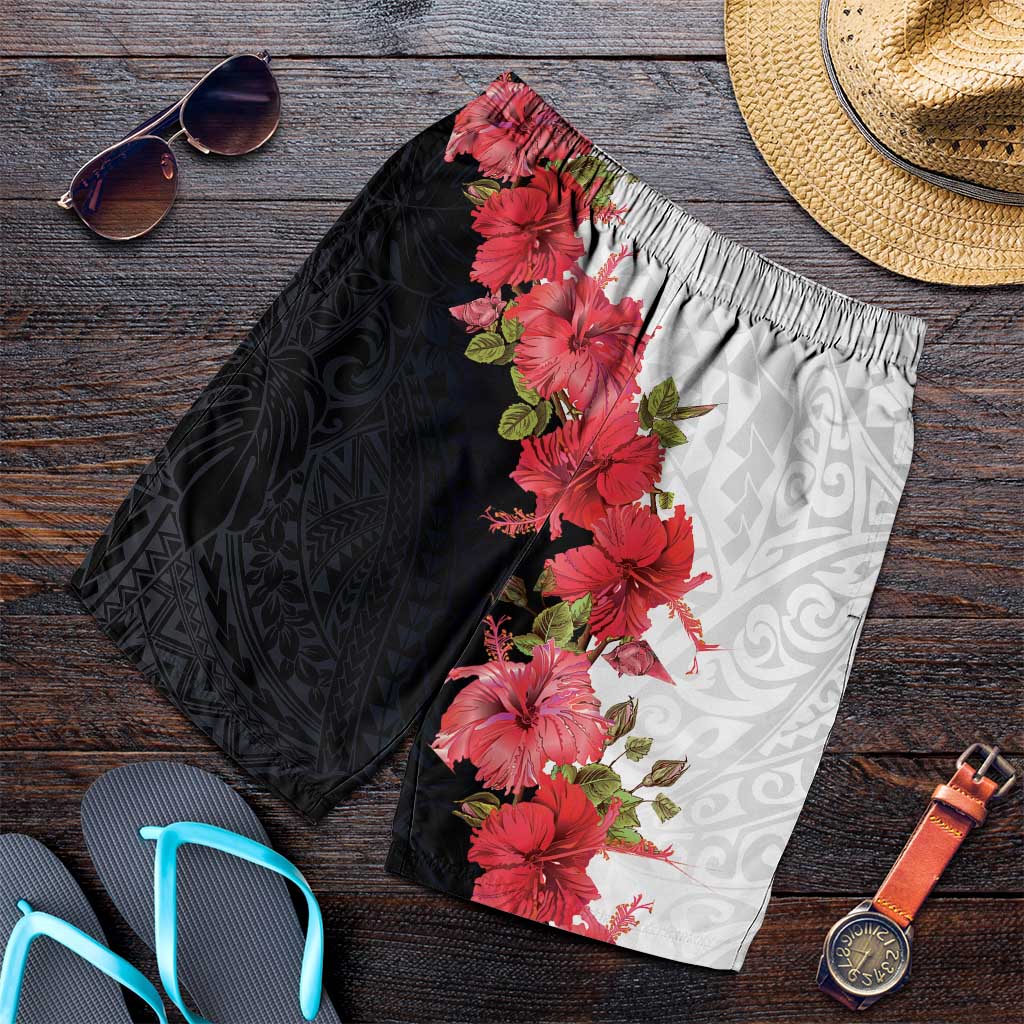 Hawaii Red Hibiscus Flowers Shorts for Men Polynesian Pattern Half Black White Version - Polynesian Pride