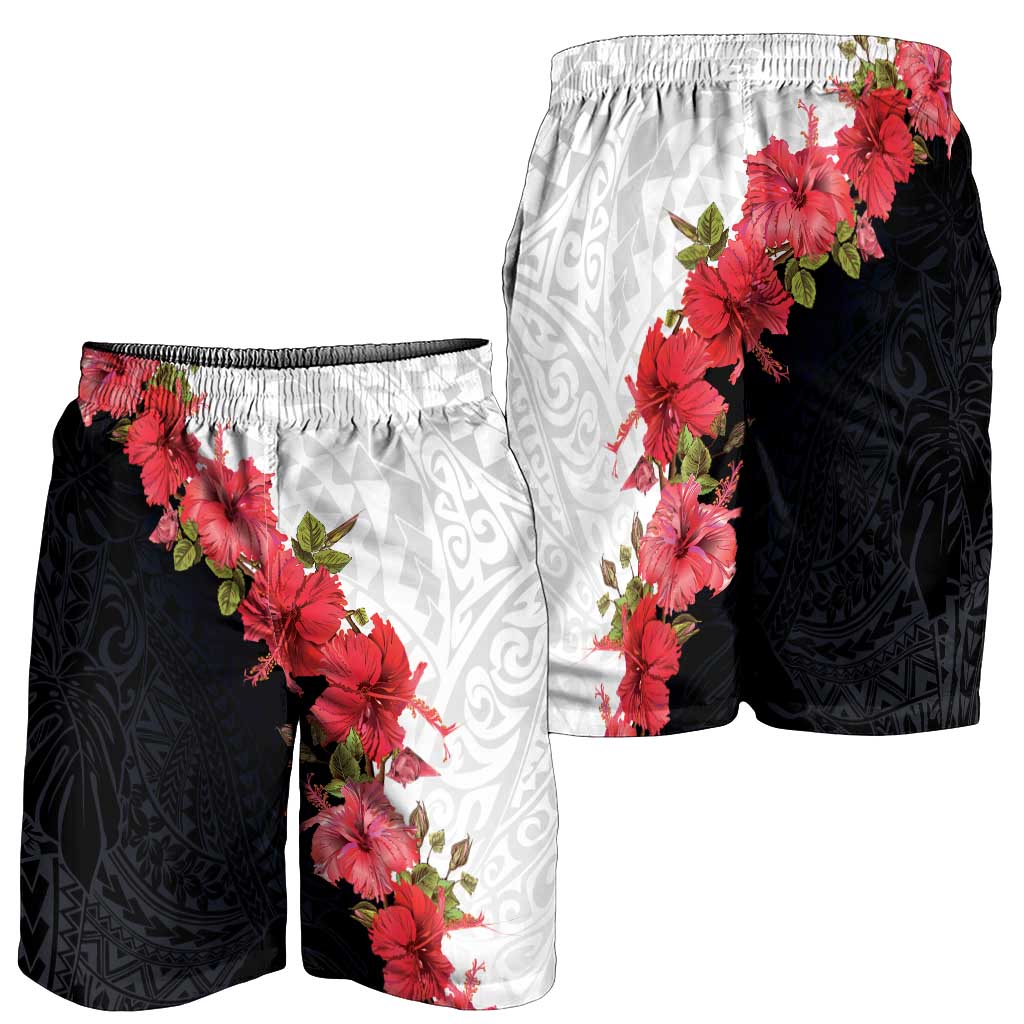 Hawaii Red Hibiscus Flowers Shorts for Men Polynesian Pattern Half Black White Version - Polynesian Pride