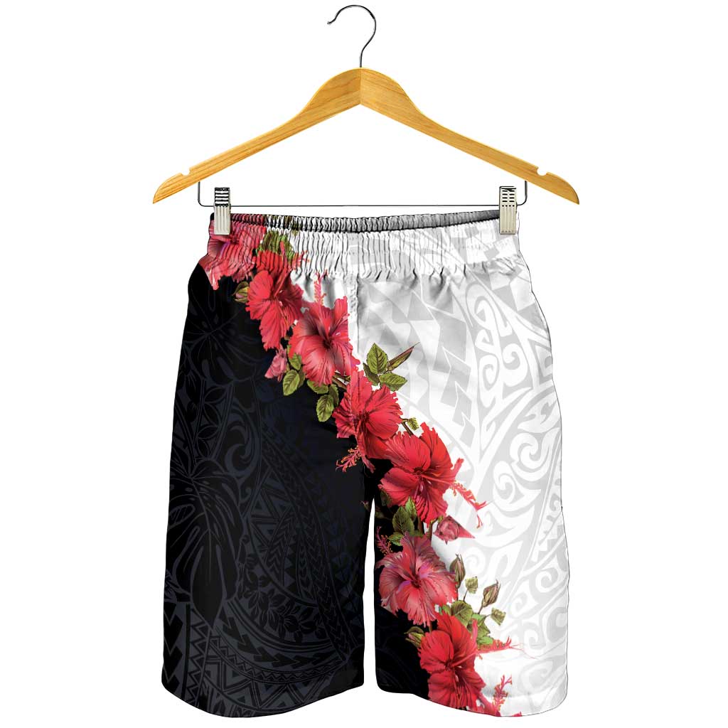 Hawaii Red Hibiscus Flowers Shorts for Men Polynesian Pattern Half Black White Version - Polynesian Pride