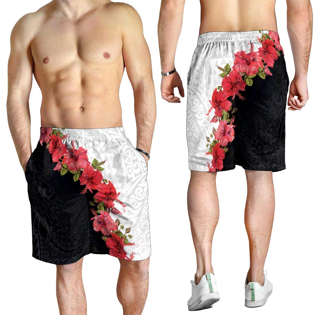 Hawaii Red Hibiscus Flowers Shorts for Men Polynesian Pattern Half Black White Version - Polynesian Pride