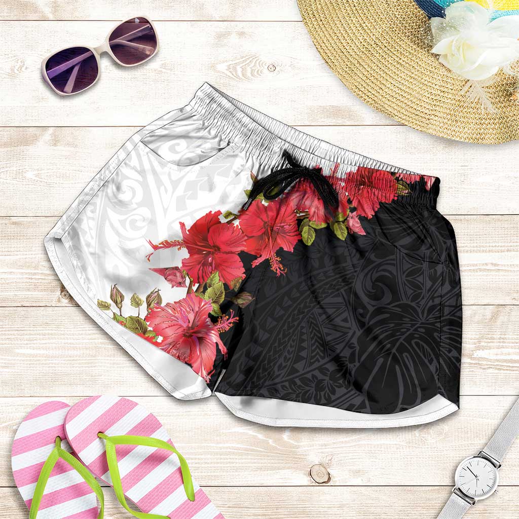 Hawaii Red Hibiscus Flowers Shorts for Women Polynesian Pattern Half Black White Version - Polynesian Pride