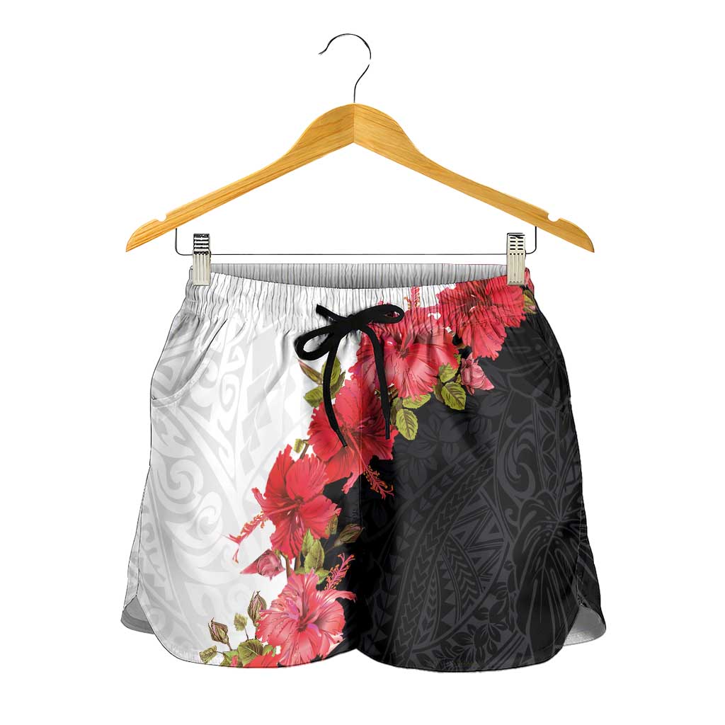 Hawaii Red Hibiscus Flowers Shorts for Women Polynesian Pattern Half Black White Version LT03 - Polynesian Pride