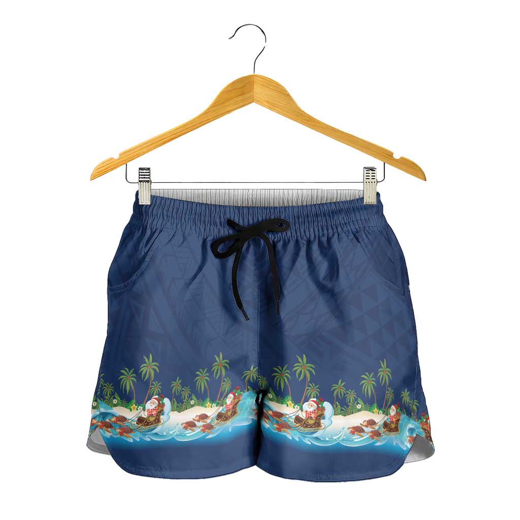 Hawaii Santa Riding Sea Turtle Shorts for Women Mele Kalikimaka Polynesian Pattern - Polynesian Pride