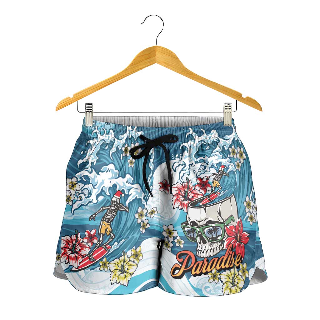 Hawaii Santa Skeleton Surfing Shorts for Women Mele Kalikimaka i Iulai!