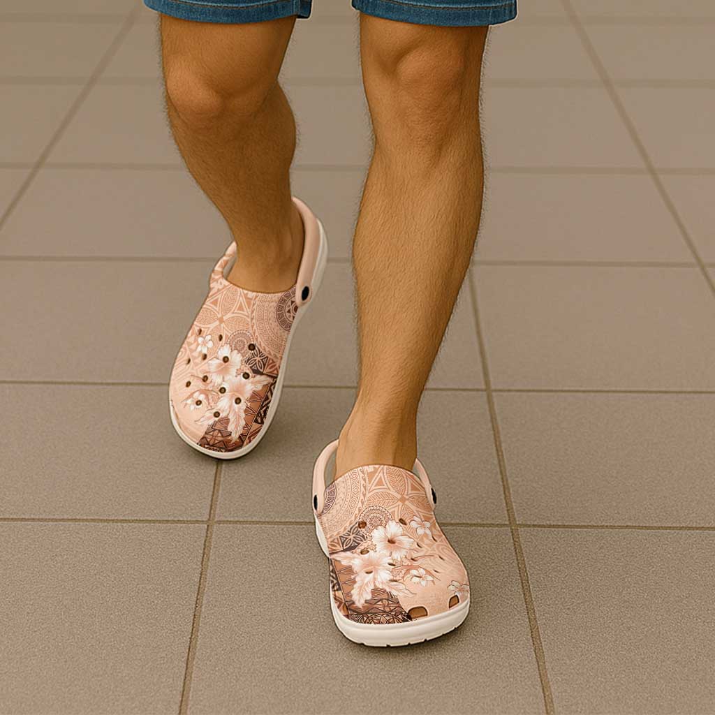 Hawaii Tapa Pattern With Brown Hibiscus Clogs Shoes - Polynesian Pride