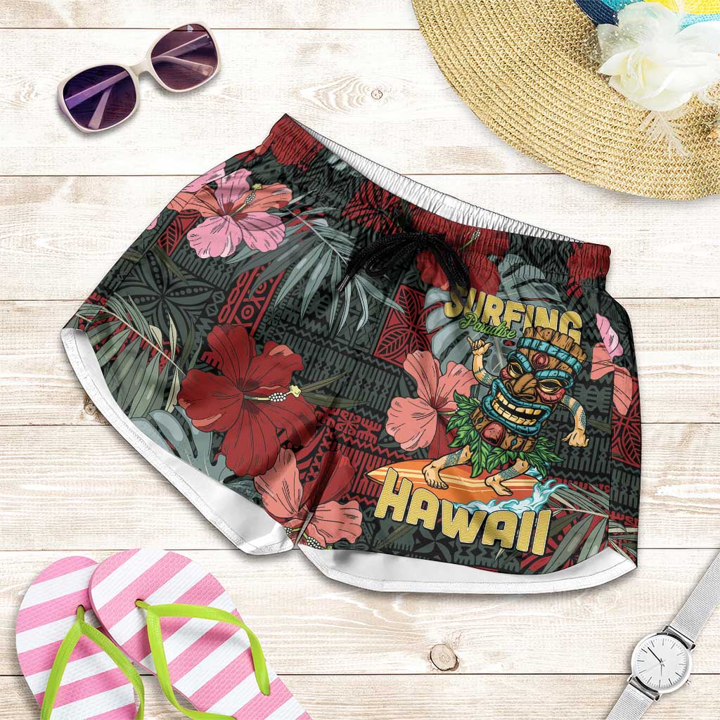 Hawaii Tiki Surfing Shorts for Women Mele Kalikimaka i Iulai! LT9 Black - Polynesian Pride