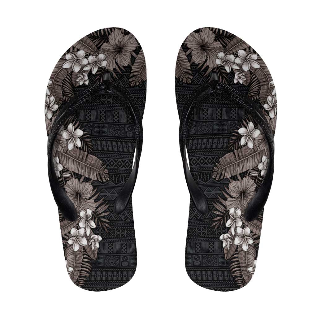 Hawaii Tropical Flowers and Leaves Flip Flops Tapa Pattern Grayscale Mode