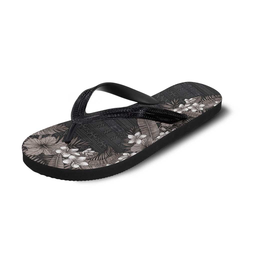 Hawaii Tropical Flowers and Leaves Flip Flops Tapa Pattern Grayscale Mode