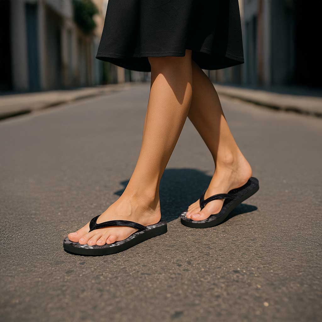 Hawaii Tropical Flowers and Leaves Flip Flops Tapa Pattern Grayscale Mode