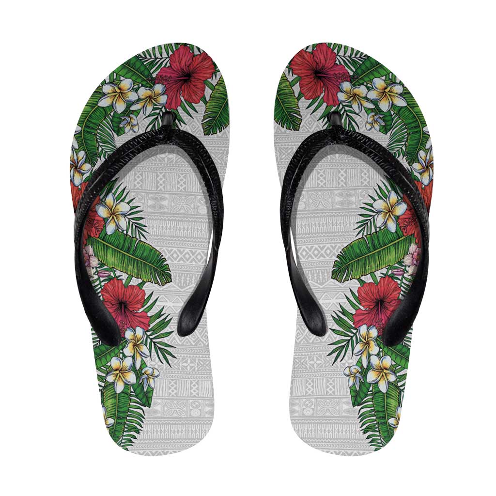 Hawaii Tropical Flowers and Leaves Flip Flops Tapa Pattern White Mode