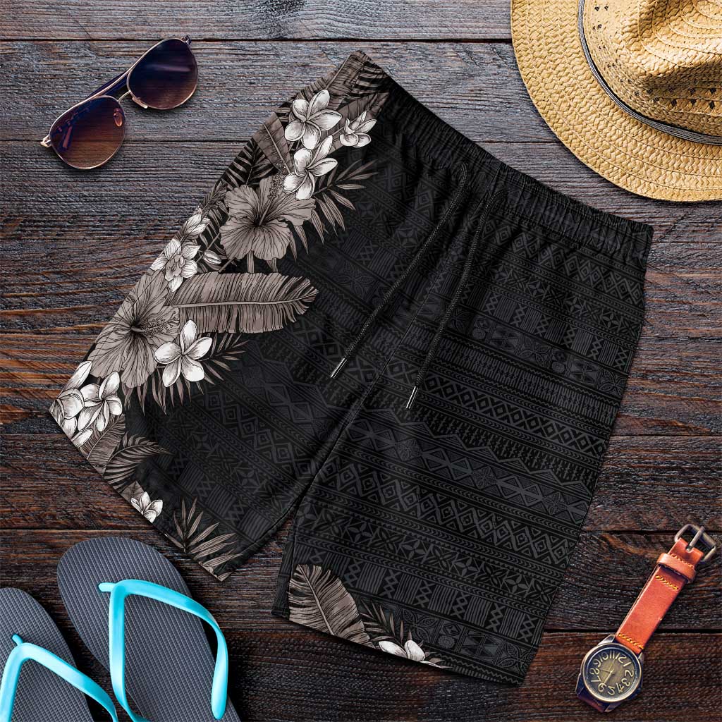 Hawaii Tropical Flowers and Leaves Shorts for Men Tapa Pattern Grayscale Mode