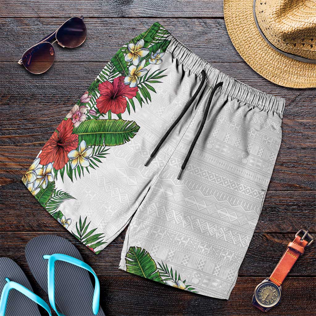 Hawaii Tropical Flowers and Leaves Shorts for Men Tapa Pattern White Mode