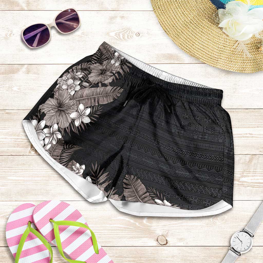 Hawaii Tropical Flowers and Leaves Shorts for Women Tapa Pattern Grayscale Mode