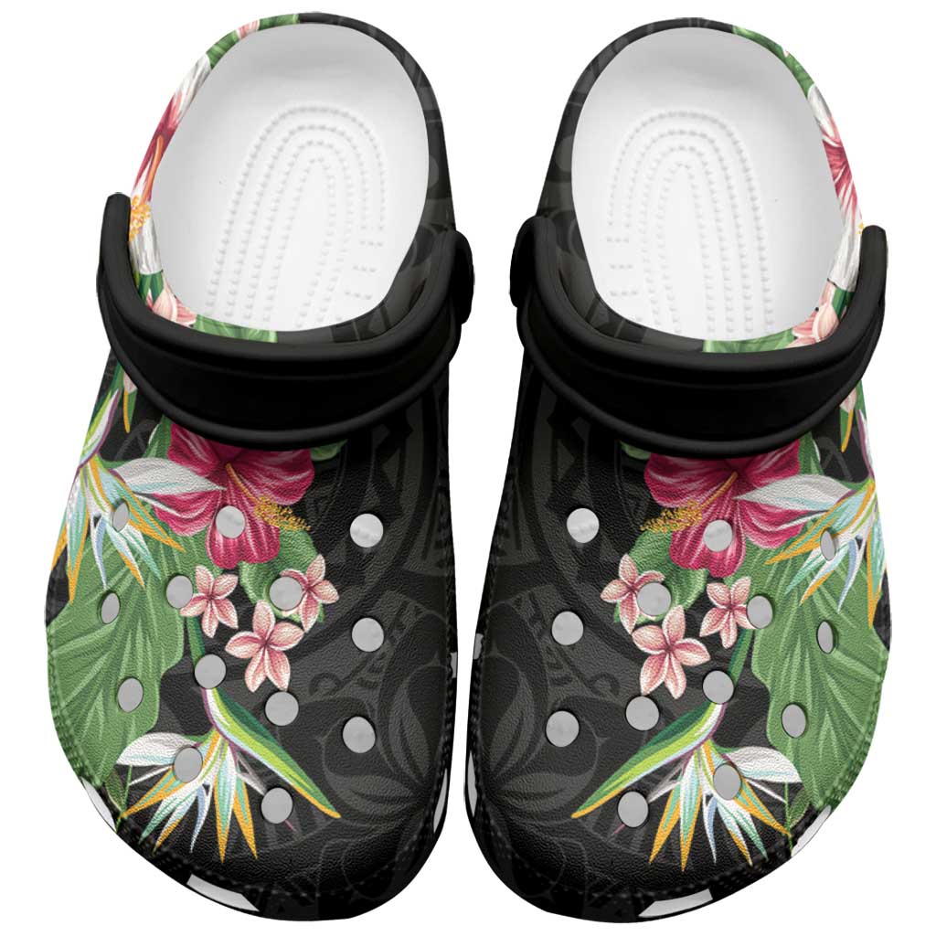 Hawaii Tropical Flowers Clogs Shoes Polynesian Tattoo Black