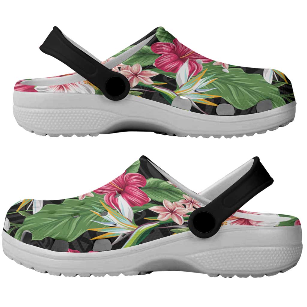 Hawaii Tropical Flowers Clogs Shoes Polynesian Tattoo Black