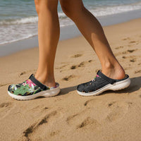 Hawaii Tropical Flowers Clogs Shoes Polynesian Tattoo Black