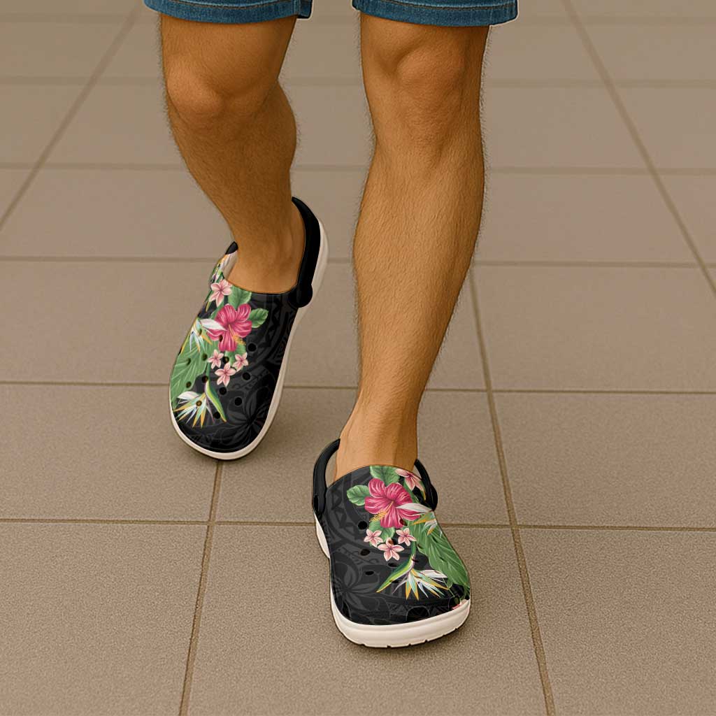 Hawaii Tropical Flowers Clogs Shoes Polynesian Tattoo Black