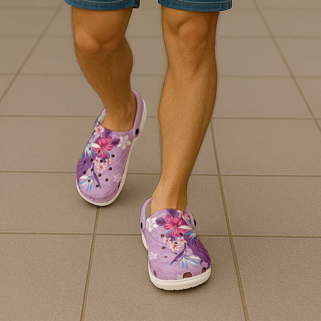 Hawaii Tropical Flowers Clogs Shoes Polynesian Tattoo Lavender