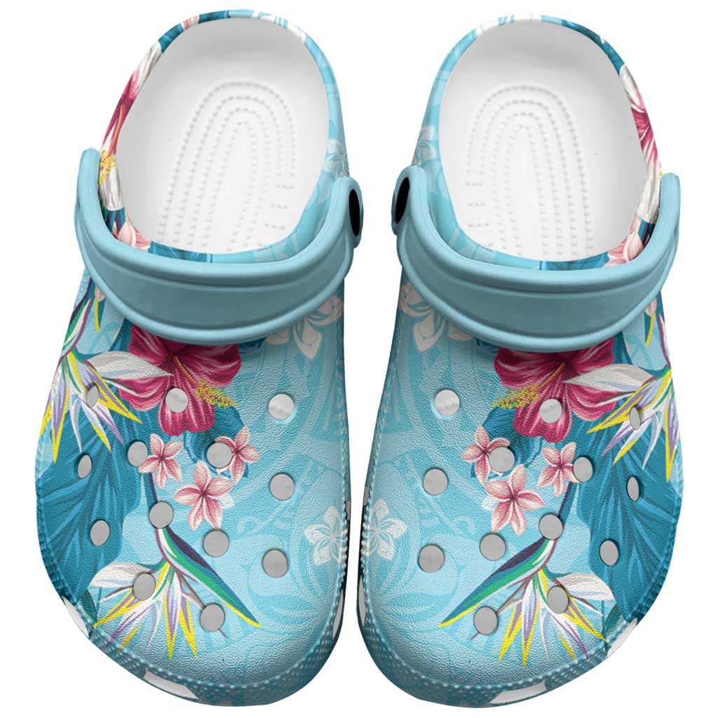Hawaii Tropical Flowers Clogs Shoes Polynesian Tattoo Sky Blue