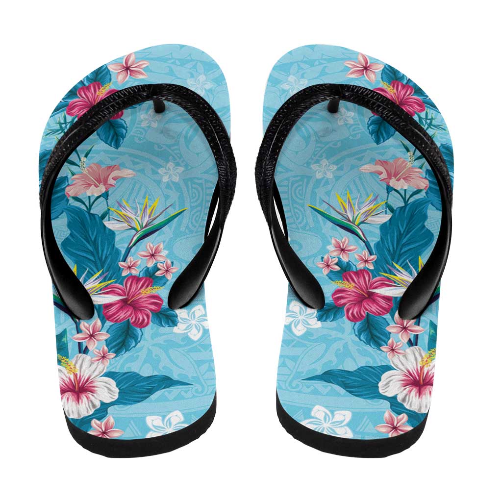 Hawaii Tropical Flowers Flip Flops Polynesian Tattoo Sky Blue LT05 - Polynesian Pride