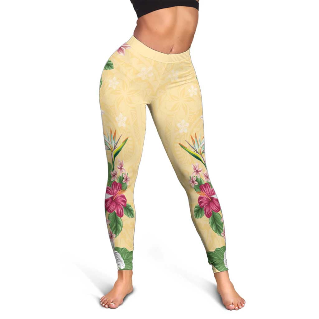 Hawaii Tropical Flowers Leggings Polynesian Tattoo Buttermilk