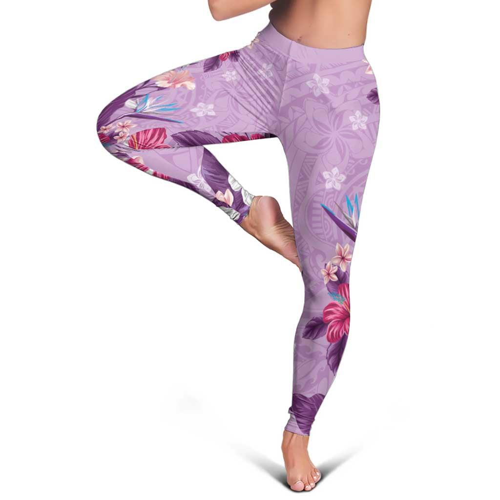 Hawaii Tropical Flowers Leggings Polynesian Tattoo Lavender