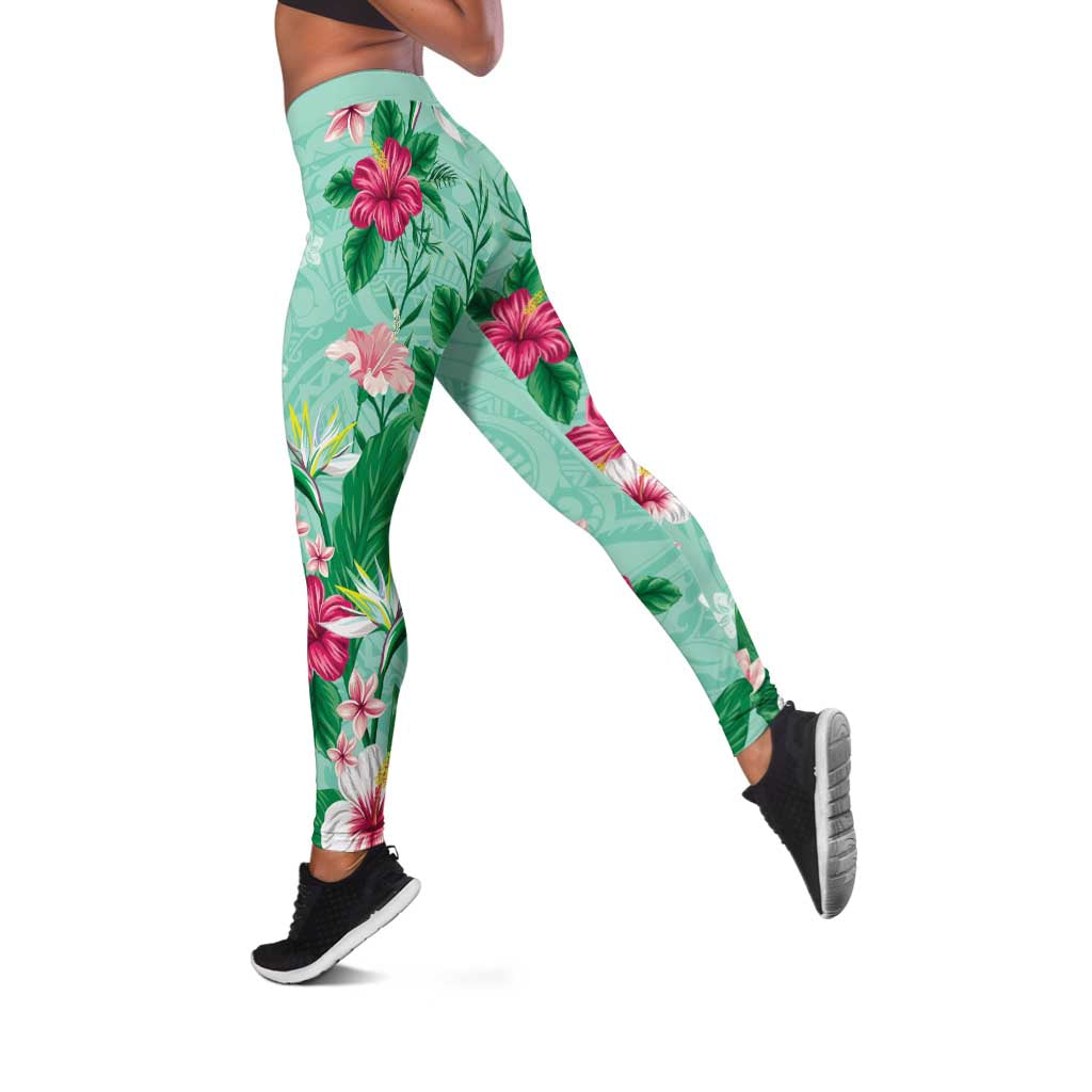 Hawaii Tropical Flowers Leggings Polynesian Tattoo Mint Green