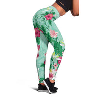 Hawaii Tropical Flowers Leggings Polynesian Tattoo Mint Green